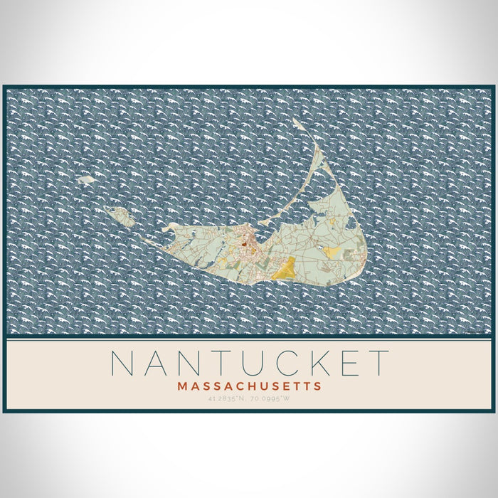 Nantucket Massachusetts Map Print Landscape Orientation in Woodblock Style With Shaded Background