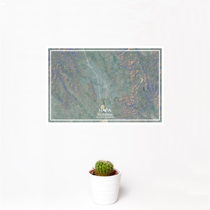 12x18 Napa California Map Print Landscape Orientation in Afternoon Style With Small Cactus Plant in White Planter
