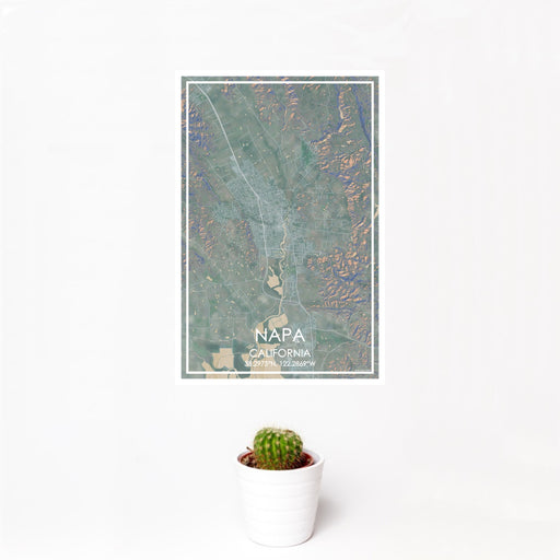 12x18 Napa California Map Print Portrait Orientation in Afternoon Style With Small Cactus Plant in White Planter