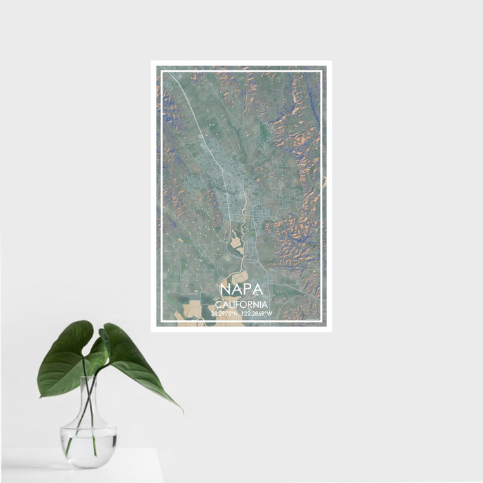 16x24 Napa California Map Print Portrait Orientation in Afternoon Style With Tropical Plant Leaves in Water