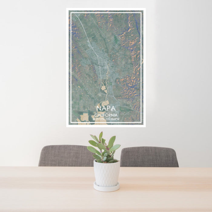 24x36 Napa California Map Print Portrait Orientation in Afternoon Style Behind 2 Chairs Table and Potted Plant