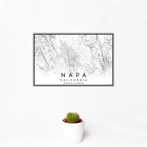 12x18 Napa California Map Print Landscape Orientation in Classic Style With Small Cactus Plant in White Planter
