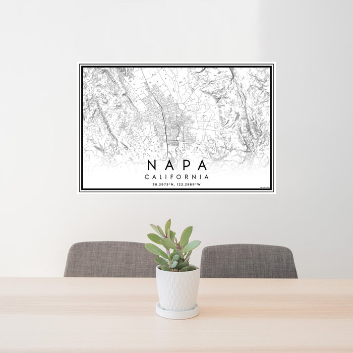 24x36 Napa California Map Print Landscape Orientation in Classic Style Behind 2 Chairs Table and Potted Plant