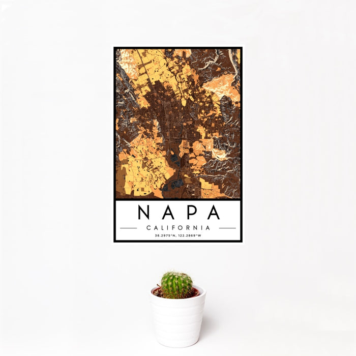 12x18 Napa California Map Print Portrait Orientation in Ember Style With Small Cactus Plant in White Planter