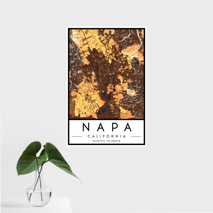 16x24 Napa California Map Print Portrait Orientation in Ember Style With Tropical Plant Leaves in Water