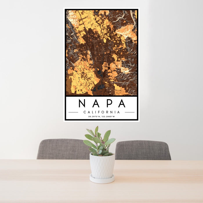 24x36 Napa California Map Print Portrait Orientation in Ember Style Behind 2 Chairs Table and Potted Plant
