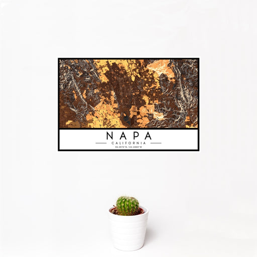 12x18 Napa California Map Print Landscape Orientation in Ember Style With Small Cactus Plant in White Planter