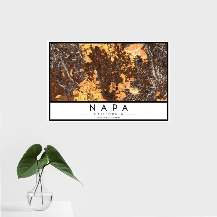 16x24 Napa California Map Print Landscape Orientation in Ember Style With Tropical Plant Leaves in Water