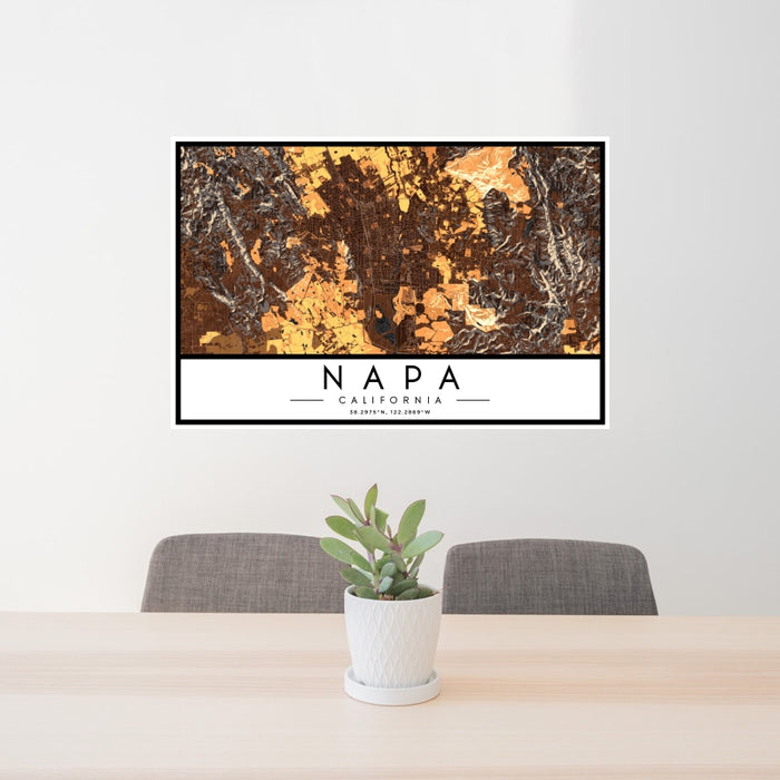 24x36 Napa California Map Print Landscape Orientation in Ember Style Behind 2 Chairs Table and Potted Plant