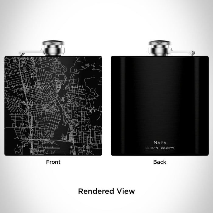 Rendered View of Napa California Map Engraving on 6oz Stainless Steel Flask in Black