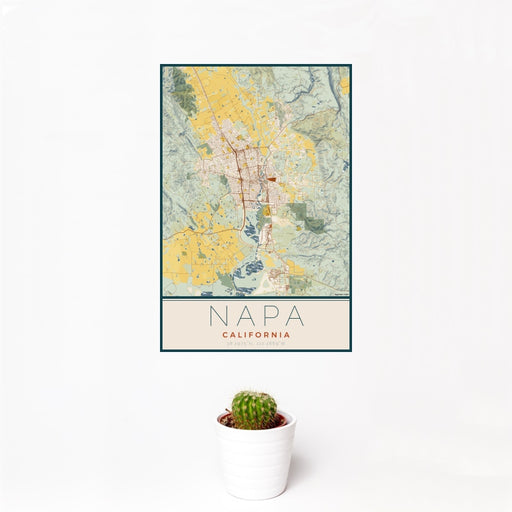 12x18 Napa California Map Print Portrait Orientation in Woodblock Style With Small Cactus Plant in White Planter