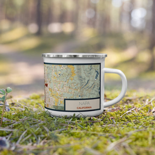 Right View Custom Napa California Map Enamel Mug in Woodblock on Grass With Trees in Background