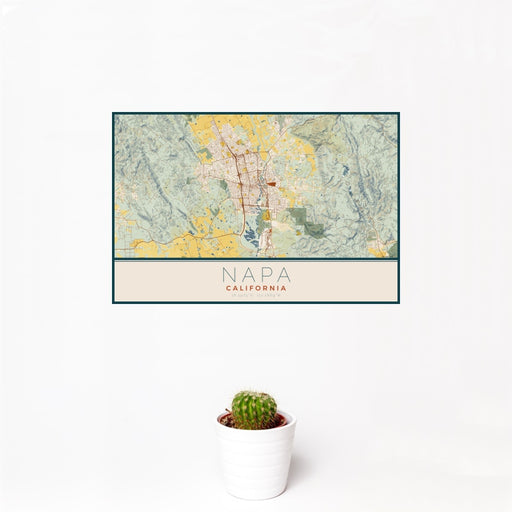 12x18 Napa California Map Print Landscape Orientation in Woodblock Style With Small Cactus Plant in White Planter