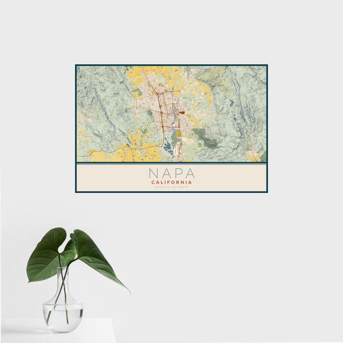 16x24 Napa California Map Print Landscape Orientation in Woodblock Style With Tropical Plant Leaves in Water