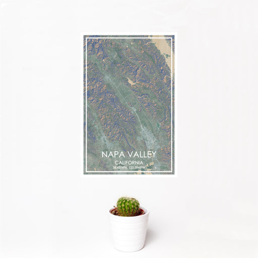 12x18 Napa Valley California Map Print Portrait Orientation in Afternoon Style With Small Cactus Plant in White Planter
