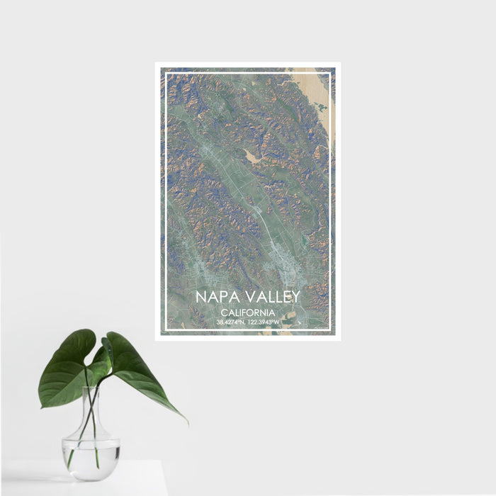 16x24 Napa Valley California Map Print Portrait Orientation in Afternoon Style With Tropical Plant Leaves in Water