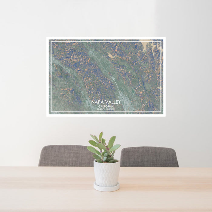24x36 Napa Valley California Map Print Lanscape Orientation in Afternoon Style Behind 2 Chairs Table and Potted Plant