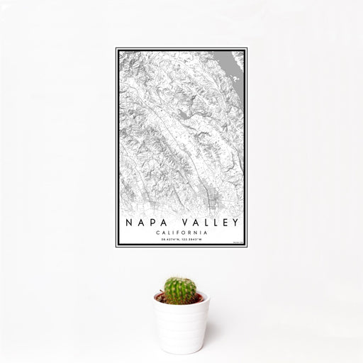 12x18 Napa Valley California Map Print Portrait Orientation in Classic Style With Small Cactus Plant in White Planter