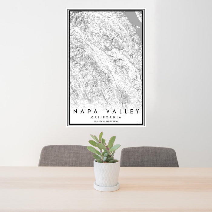 24x36 Napa Valley California Map Print Portrait Orientation in Classic Style Behind 2 Chairs Table and Potted Plant