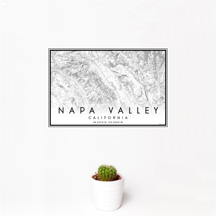 12x18 Napa Valley California Map Print Landscape Orientation in Classic Style With Small Cactus Plant in White Planter