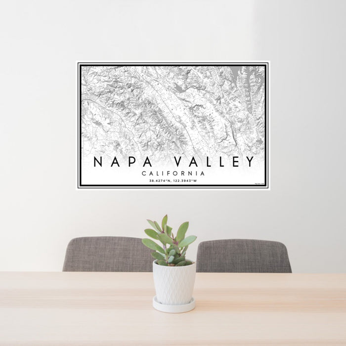 24x36 Napa Valley California Map Print Landscape Orientation in Classic Style Behind 2 Chairs Table and Potted Plant