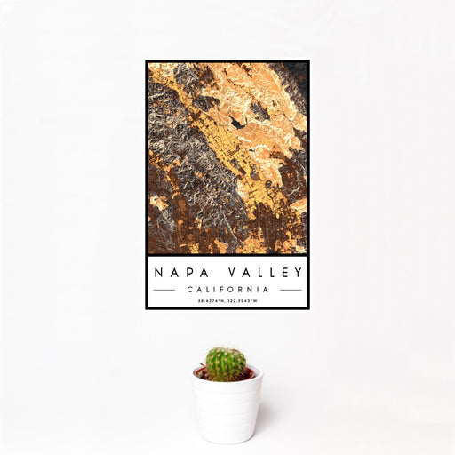 12x18 Napa Valley California Map Print Portrait Orientation in Ember Style With Small Cactus Plant in White Planter
