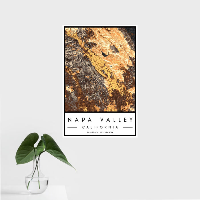 16x24 Napa Valley California Map Print Portrait Orientation in Ember Style With Tropical Plant Leaves in Water