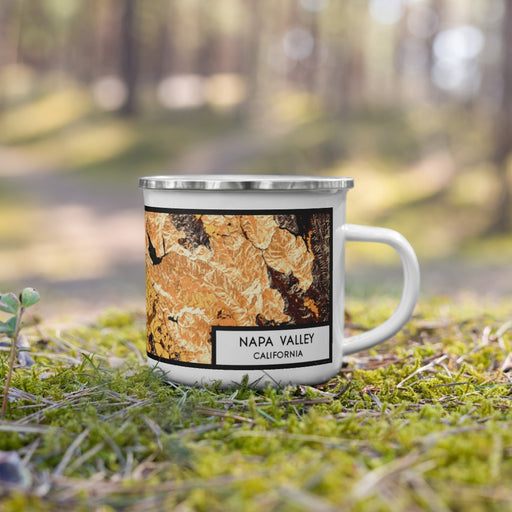 Right View Custom Napa Valley California Map Enamel Mug in Ember on Grass With Trees in Background
