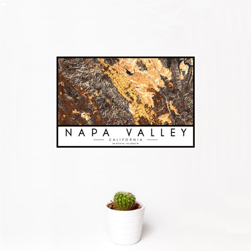 12x18 Napa Valley California Map Print Landscape Orientation in Ember Style With Small Cactus Plant in White Planter