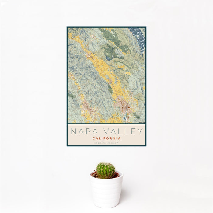 12x18 Napa Valley California Map Print Portrait Orientation in Woodblock Style With Small Cactus Plant in White Planter