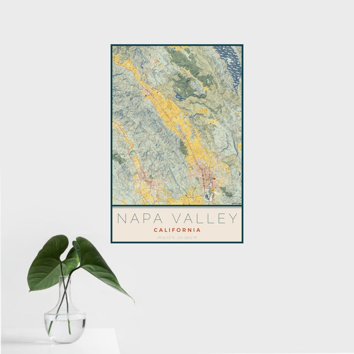 16x24 Napa Valley California Map Print Portrait Orientation in Woodblock Style With Tropical Plant Leaves in Water