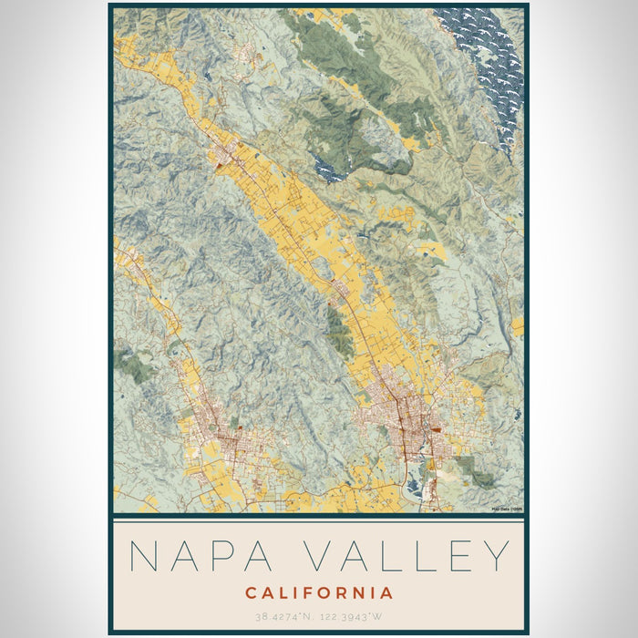 Napa Valley California Map Print Portrait Orientation in Woodblock Style With Shaded Background