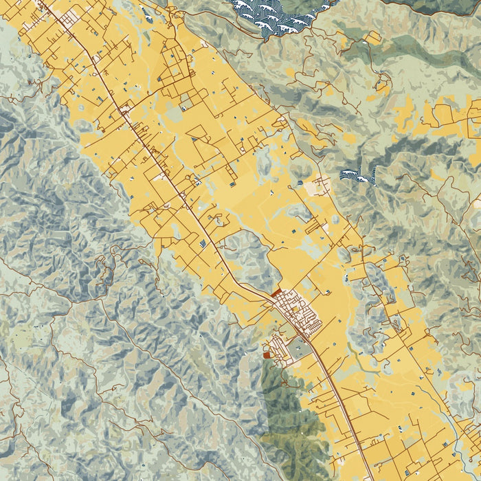 Napa Valley California Map Print in Woodblock Style Zoomed In Close Up Showing Details