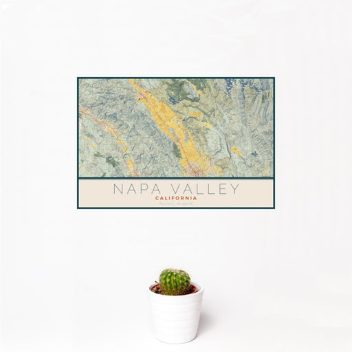 12x18 Napa Valley California Map Print Landscape Orientation in Woodblock Style With Small Cactus Plant in White Planter