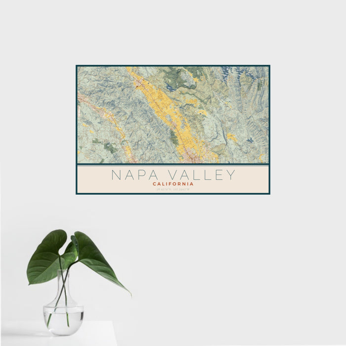 16x24 Napa Valley California Map Print Landscape Orientation in Woodblock Style With Tropical Plant Leaves in Water