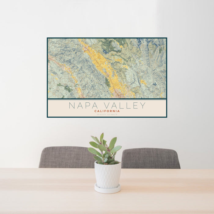 24x36 Napa Valley California Map Print Landscape Orientation in Woodblock Style Behind 2 Chairs Table and Potted Plant