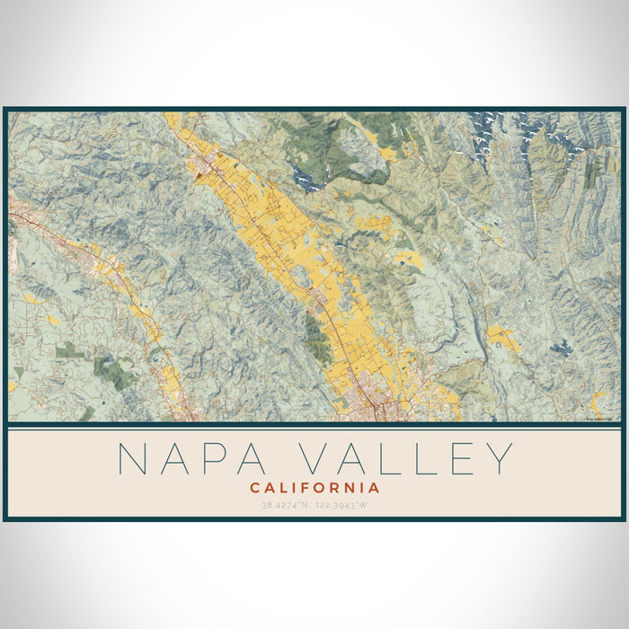 Napa Valley California Map Print Landscape Orientation in Woodblock Style With Shaded Background