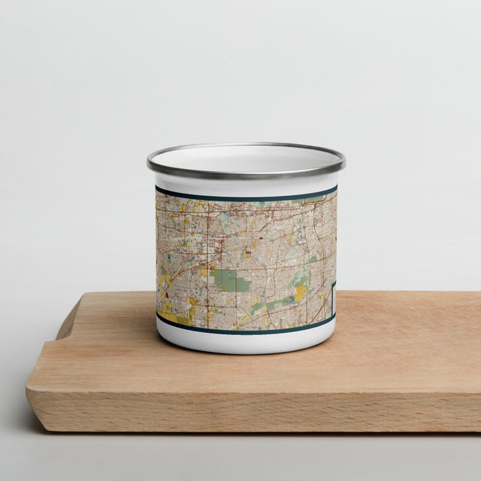 Front View Custom Naperville Illinois Map Enamel Mug in Woodblock on Cutting Board
