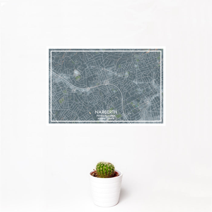 12x18 Narberth Pennsylvania Map Print Landscape Orientation in Afternoon Style With Small Cactus Plant in White Planter