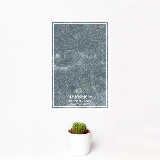12x18 Narberth Pennsylvania Map Print Portrait Orientation in Afternoon Style With Small Cactus Plant in White Planter