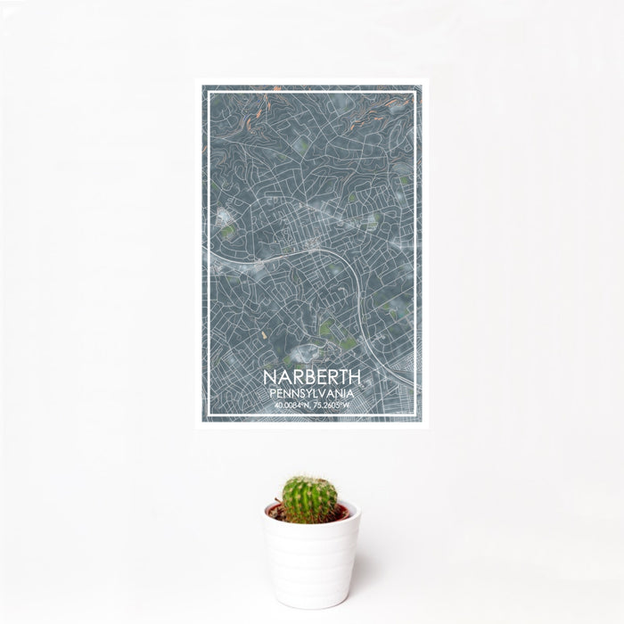 12x18 Narberth Pennsylvania Map Print Portrait Orientation in Afternoon Style With Small Cactus Plant in White Planter