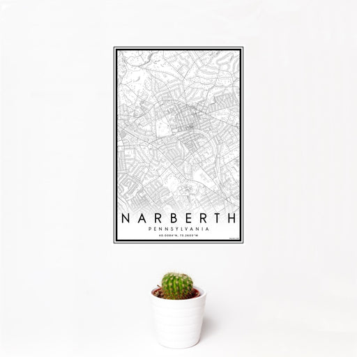 12x18 Narberth Pennsylvania Map Print Portrait Orientation in Classic Style With Small Cactus Plant in White Planter
