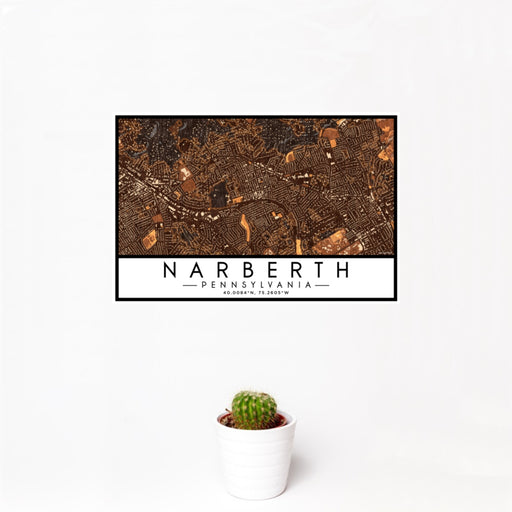 12x18 Narberth Pennsylvania Map Print Landscape Orientation in Ember Style With Small Cactus Plant in White Planter