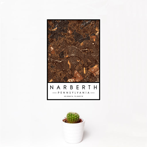 12x18 Narberth Pennsylvania Map Print Portrait Orientation in Ember Style With Small Cactus Plant in White Planter