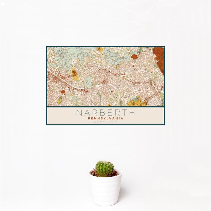 12x18 Narberth Pennsylvania Map Print Landscape Orientation in Woodblock Style With Small Cactus Plant in White Planter