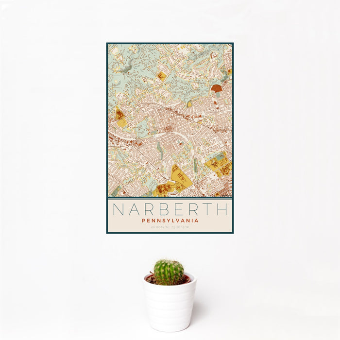 12x18 Narberth Pennsylvania Map Print Portrait Orientation in Woodblock Style With Small Cactus Plant in White Planter