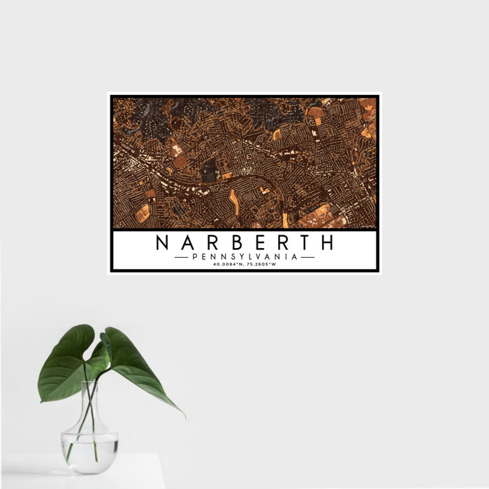 16x24 Narberth Pennsylvania Map Print Landscape Orientation in Ember Style With Tropical Plant Leaves in Water