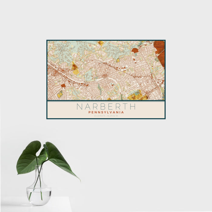 16x24 Narberth Pennsylvania Map Print Landscape Orientation in Woodblock Style With Tropical Plant Leaves in Water