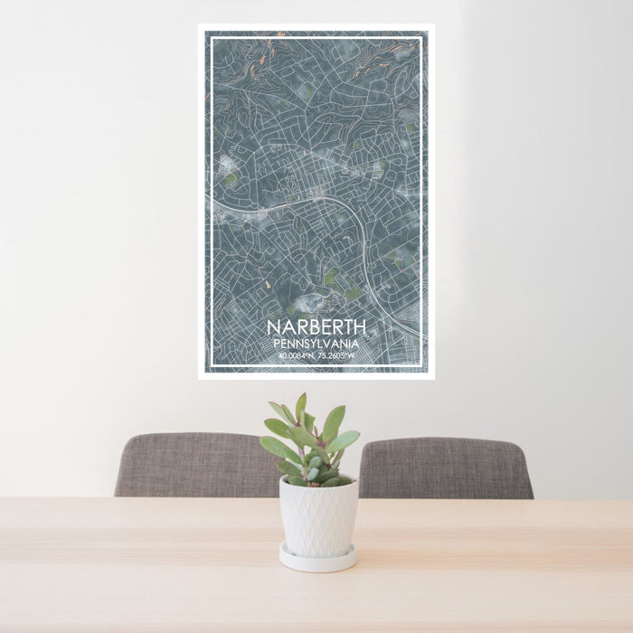 24x36 Narberth Pennsylvania Map Print Portrait Orientation in Afternoon Style Behind 2 Chairs Table and Potted Plant