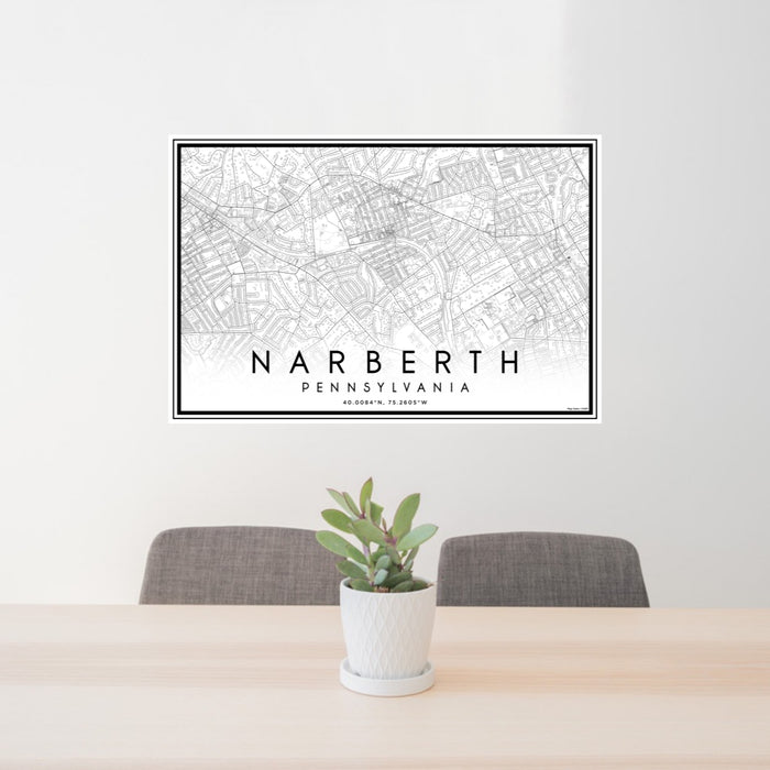 24x36 Narberth Pennsylvania Map Print Lanscape Orientation in Classic Style Behind 2 Chairs Table and Potted Plant
